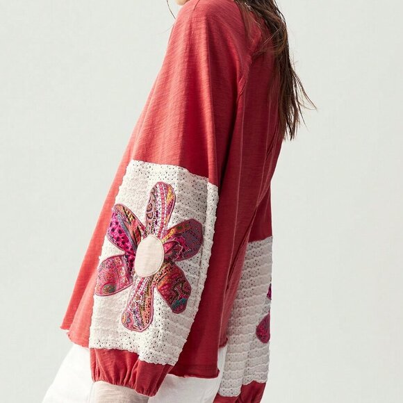 Pink Casual Women's Boho Knit Patchwork Lantern Sleeve Colorful Floral T-Shirt - Picture 3 of 7